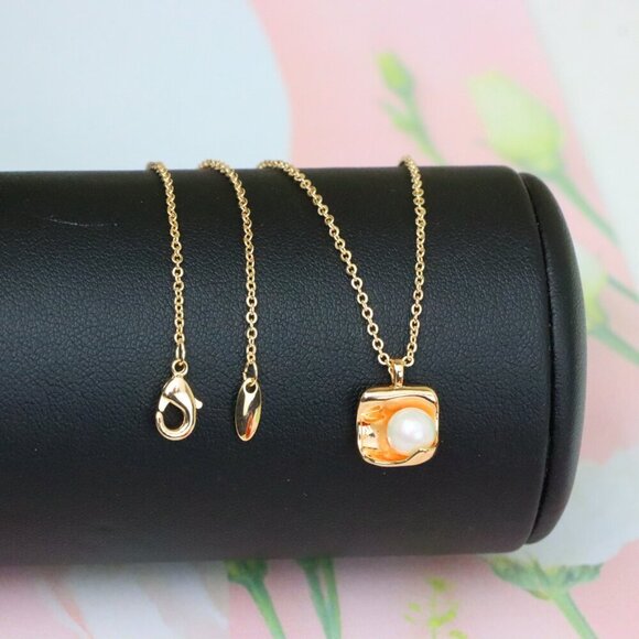 "Rose Gold Necklace with Modern Square Pendant and Pearl Accent, XPNL1885 - Picture 2 of 13